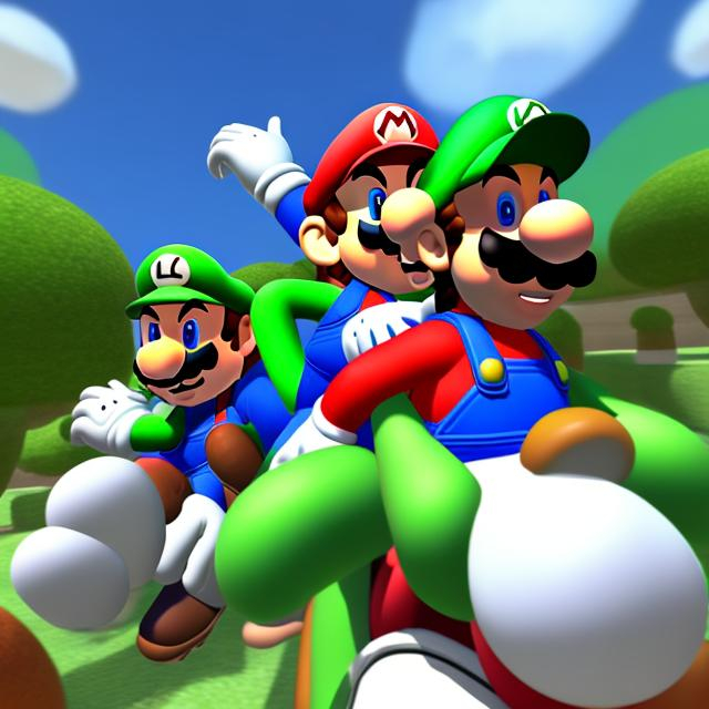 Prompt: Mario and Luigi riding yoshi