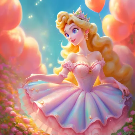 Prompt: Digital style painting, Princess Peach in pink dress, style of Pixar, Fragonard, highly-detailed, cinematic, washed out palette, soft pastel color palette, light trails, sunny day, translucent, iridescent, long hair, arms visible, perfect composition, hyperrealistic, super detailed, 8k, high quality, sharp focus, intricate details, highly detailed, dynamic lighting, detailed and intricate environment, highest quality