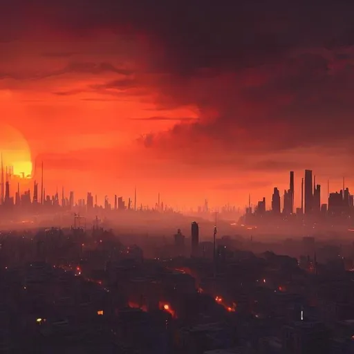Prompt: Dystopian sunset over a city