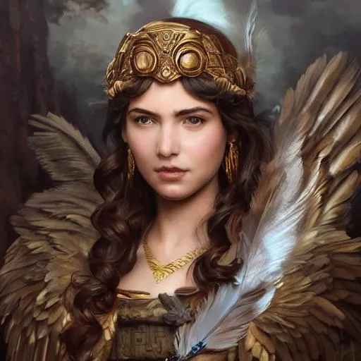 Prompt: Portrait of Athena with wavy hair and with cute face, feather dress, perfect composition, hyperrealistic, super detailed, 8k, high quality, trending art, trending on artstation, sharp focus, studio photo, intricate details, highly detailed, by greg rutkowski, Ancient Greece, beautiful