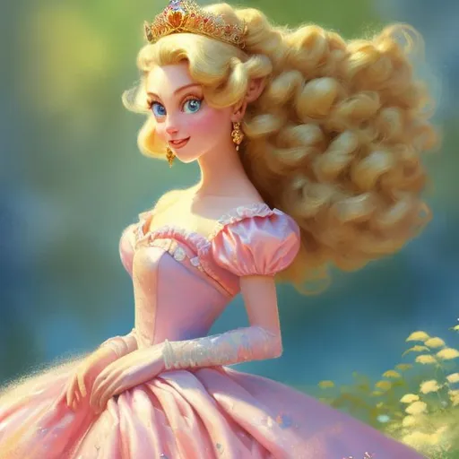 Prompt: Digital style painting, Blue eyes, Princess Peach in pink dress, style of Pixar, Fragonard, highly-detailed, cinematic, washed out palette, soft pastel color palette, light trails, sunny day, translucent, iridescent, long hair, arms visible, perfect composition, hyperrealistic, super detailed, 8k, high quality, sharp focus, intricate details, highly detailed, dynamic lighting, detailed and intricate environment, highest quality