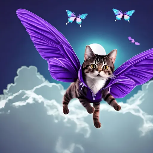 Prompt: A cat in a hoodie with purple wings chasing a butterfly in the clouds