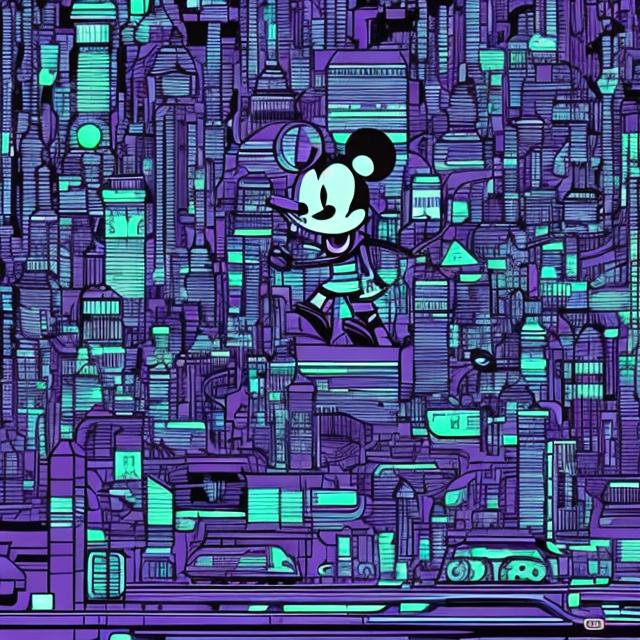Prompt: Steamboat Willie, cartoony, mouse, cyberpunk 