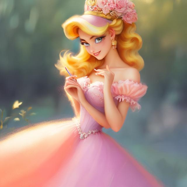 Prompt: Digital style painting, Princess Peach, style of Pixar, blue eyes, pink dress, Fragonard, highly-detailed, cinematic, washed out palette, soft pastel color palette, light trails, sunny day, translucent, iridescent, long hair, arms visible, perfect composition, hyperrealistic, super detailed, 8k, high quality, sharp focus, intricate details, highly detailed, dynamic lighting, detailed and intricate environment, highest quality