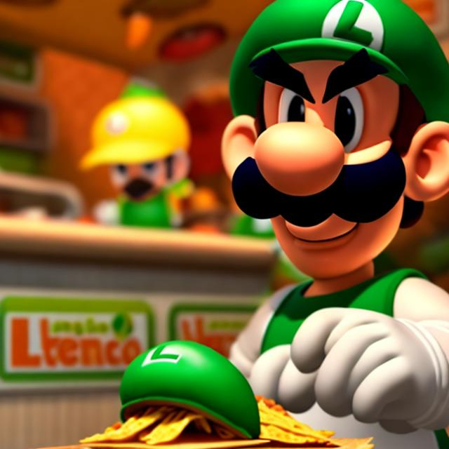 Prompt: Luigi as a taco shop cashier 