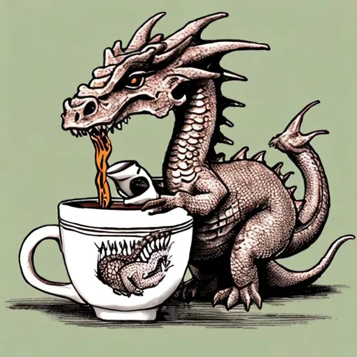 Prompt: A British dragon drinking tea