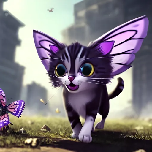 Prompt: A cat with purple eyes chasing a butterfly in a dystopian society 