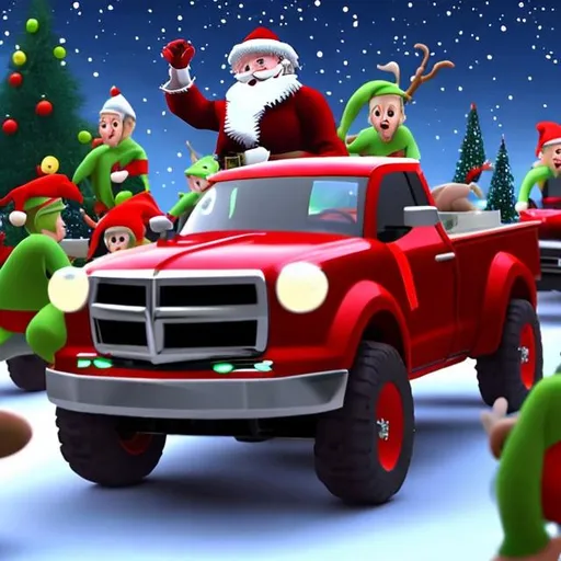 Prompt: Santa drive a pickup truck chased by a mob of angry elves