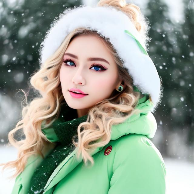 Prompt: GeminiTay, Heavy snow, Long curly dirty-blonde hair, medium sized nose, plump diamond shape face, ethereal green eyes, Triangle Star earrings, soft ears, red yellow and green heart necklace