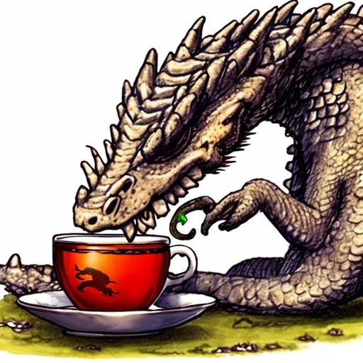 Prompt: A British dragon drinking tea