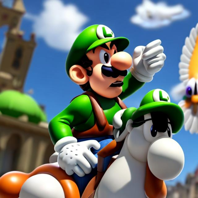 Prompt: Luigi riding a pigeon bird 