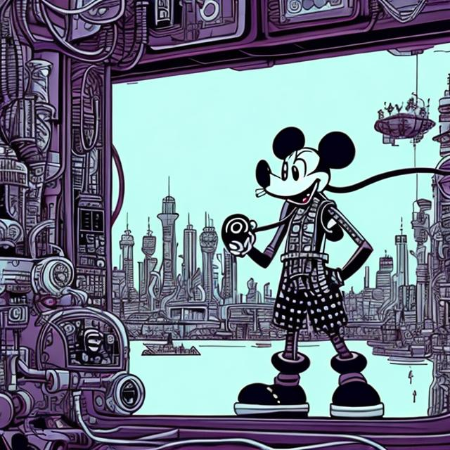 Prompt: Steamboat Willie, cartoony, mouse, cyberpunk 