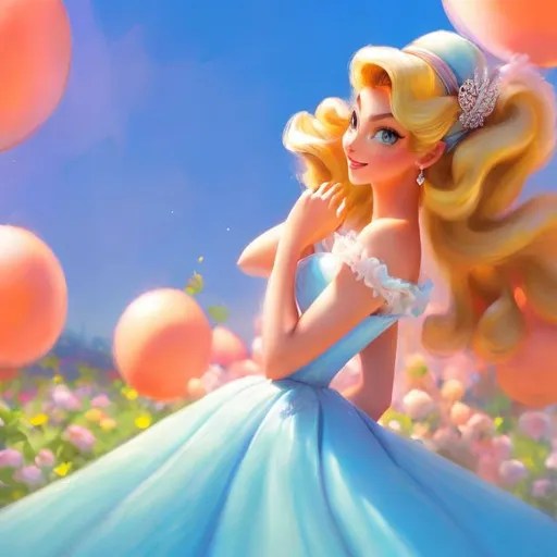 Prompt: Digital style painting, Princess Peach, style of Pixar, blue eyes, pink dress, Fragonard, highly-detailed, cinematic, washed out palette, soft pastel color palette, light trails, sunny day, translucent, iridescent, long hair, arms visible, perfect composition, hyperrealistic, super detailed, 8k, high quality, sharp focus, intricate details, highly detailed, dynamic lighting, detailed and intricate environment, highest quality