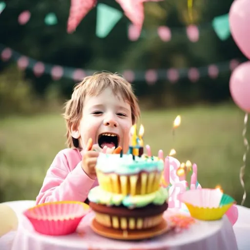 Prompt: A child truck eating a bite of cake at it’s birthday party