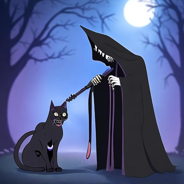 Prompt: grim reaper’s pet cat