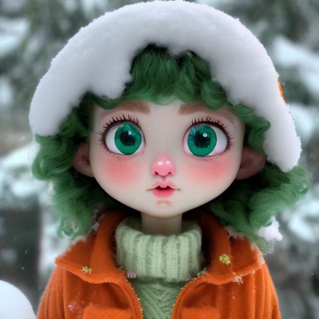 Prompt: GeminiTay, Heavy snow, Long curly orange hair, medium sized nose, plump diamond shape face, ethereal green eyes, Triangle Star earrings, soft ears, red yellow and green heart necklace