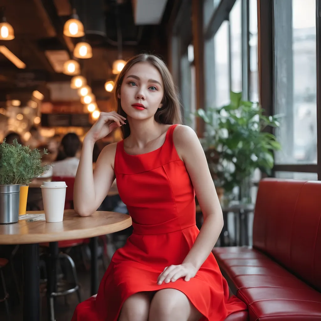 Prompt: Girl sitting in cafe. She wears a red dress, environment is brightly lighted.