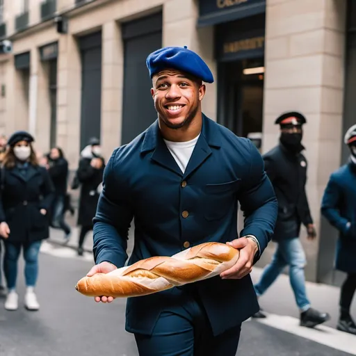 Prompt: French Saquon Barkley in a beret holding a baguette