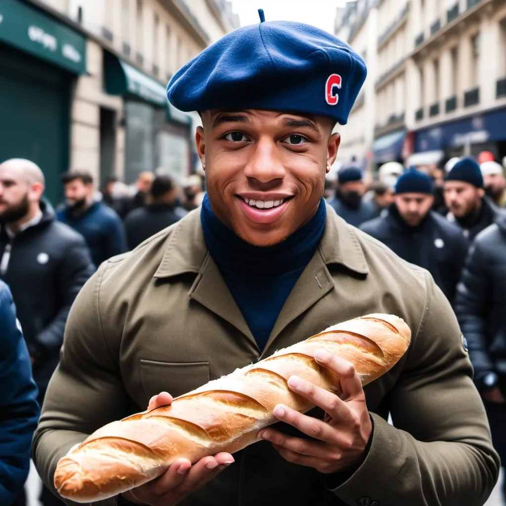 Prompt: French Saquon Barkley in a beret holding a baguette