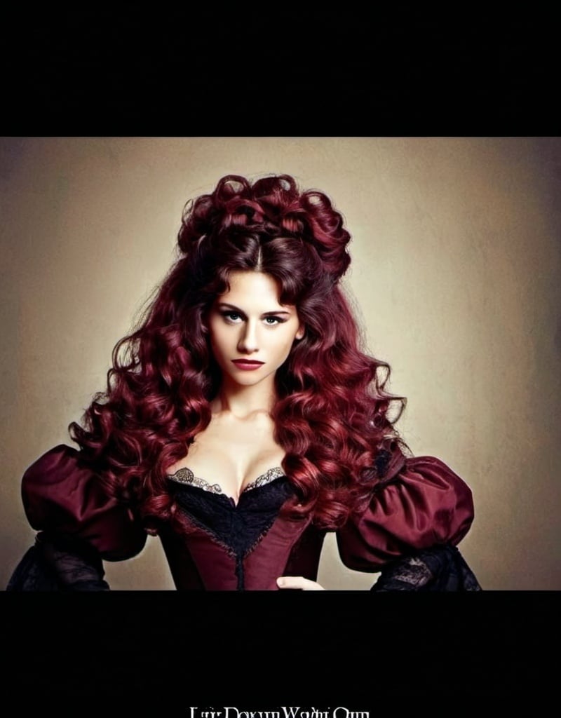 Prompt: A powerful woman with Victorian wine red wavy voluminous hair half up half down