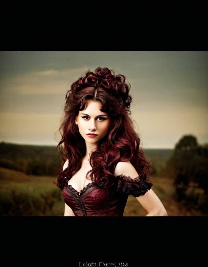 Prompt: A powerful woman with Victorian wine red , chocolate cherry wavy voluminous hair half up half down. Light gold beige skin. Broad shoulder 