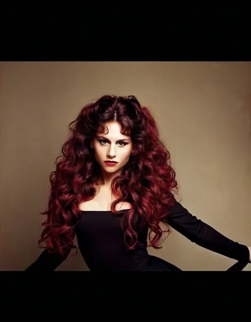 Prompt: A powerful woman with Victorian wine red wavy voluminous hair half up half down