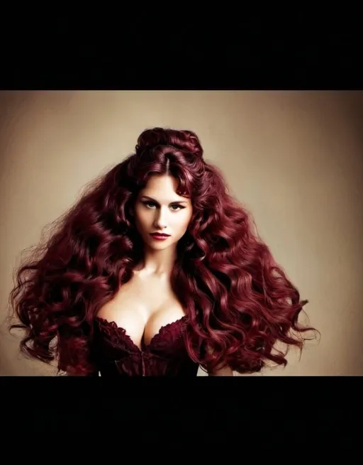 Prompt: A powerful woman with Victorian wine red wavy voluminous hair half up half down. Light gold beige skin