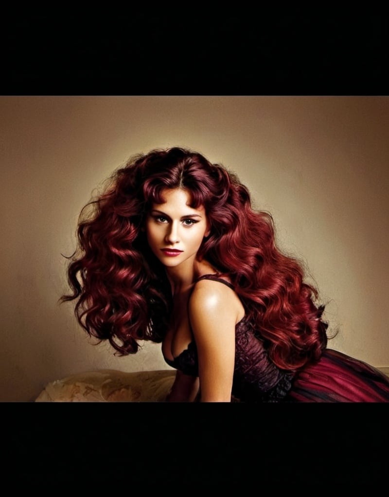 Prompt: A powerful woman with Victorian wine red wavy voluminous hair half up half down. Light gold beige skin