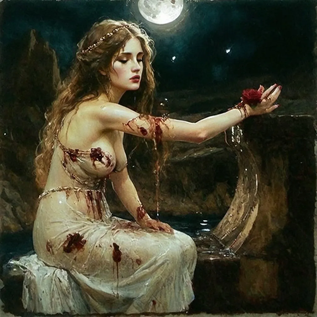 Prompt: woman under a new moon look an innocent girly Aphrodite.

