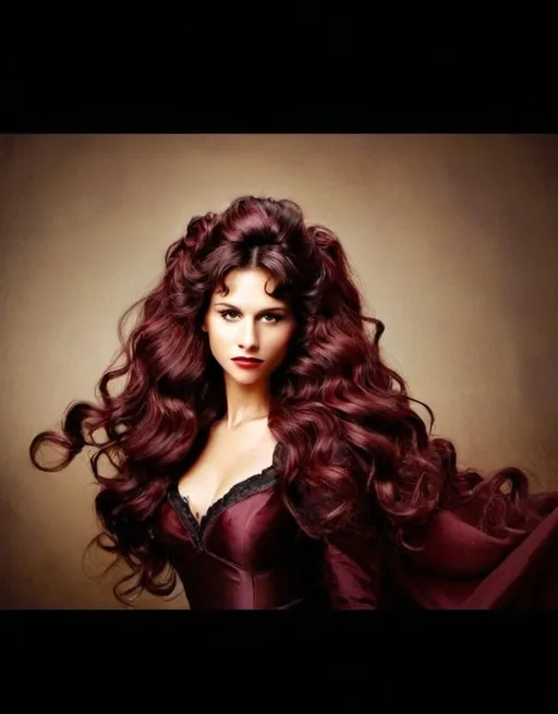 Prompt: A powerful woman with Victorian wine red , chocolate cherry wavy voluminous hair half up half down. Light gold beige skin. 