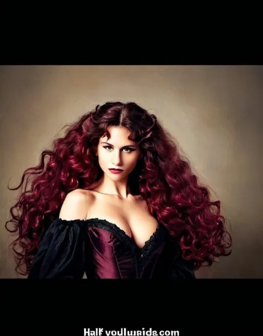 Prompt: A powerful woman with Victorian wine red wavy voluminous hair half up half down