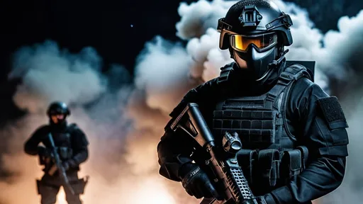 Prompt: Elite special forces soldier, black suit, heavy armored, full helmet, with elite soldiers behind him, blurry night background, fog, rain and smoke, moonlight illumination