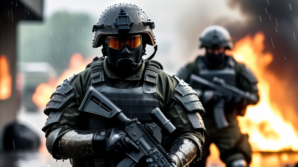 Prompt: Elite special forces soldier, heavy armored, realistic, bulky armor,, with 2 soldiers behind him, blurry day background, rain and fire