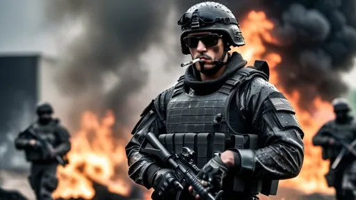 Prompt: Elite special forces soldier, he is smoking a cigarette, wearing black sunglasses, heavy armored, realistic, bulky armor, with 2 soldiers behind him, blurry day background, rain and fire
