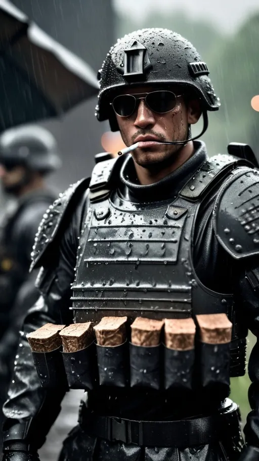 Prompt: Elite special forces soldier, he is smoking a tobacco, wearing black sunglasses, heavy armored, clean chest plate armor, realistic, bulky armor, with 2 soldiers behind him, blurry day background, rain