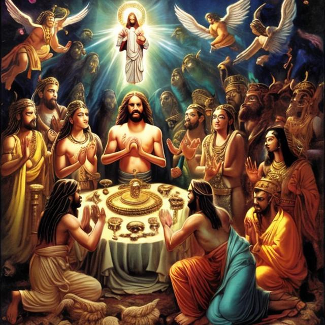 Prompt: A picture of Jesus, Buddha, Krishna, Nyx, Athena, Set, and Horus commiserating in the spirit realm.
