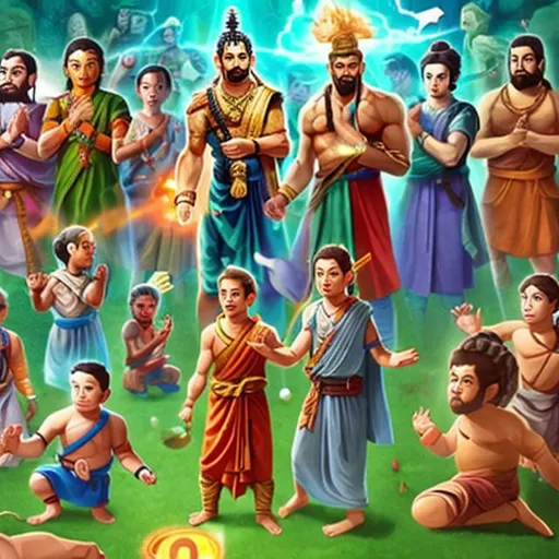 Prompt: A picture of all the Gods that ever existed playing a game of "Simon says"