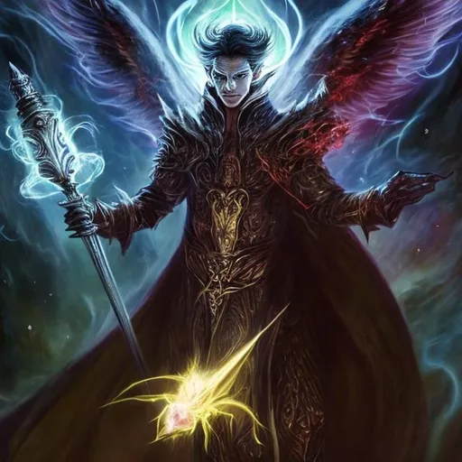 Prompt: A picture of Lucifer, clothed in light and wielding a ethereal excalibur fighting a cosmic horror and sending it back into the abyss
