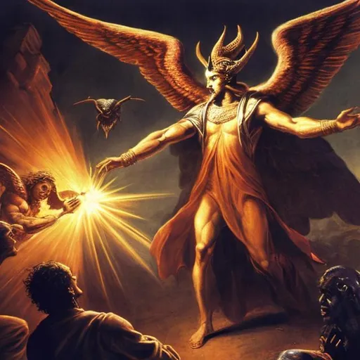 Prompt: A picture of Lucifer defeating the embodiment of ignorance.
