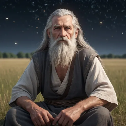 Prompt: intense older man with long grey hair and long beard sitting in the middle of a field, make him look ancient, have him wearing a tunic with sandals, have it be night time with the stars twinkling, cinematic lighting, looking into the camera, detailed face,by artstation, unreal engine - -q 2