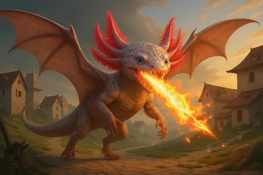 Prompt: A heroic axolotl-dragon saving a medieval village by blocking a giant meteor with its wings — epic composition, fantasy style, golden hour lighting.