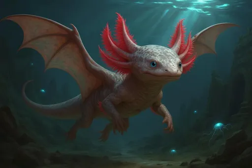 Prompt: An axolotl-dragon creature diving underwater at full speed, surrounded by glowing sea creatures and ancient ruins — cinematic angle, bioluminescent light, magical atmosphere.