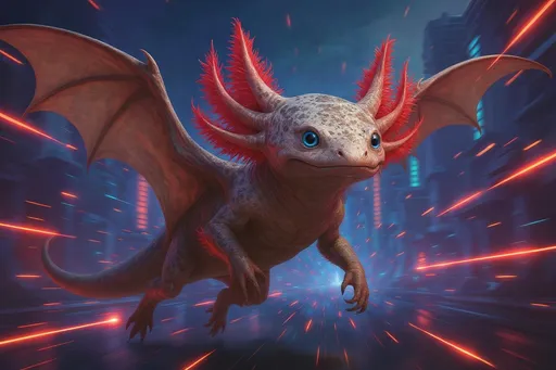 Prompt: The axolotl-dragon flying through a futuristic city, dodging lasers and robots in a high-speed chase — sci-fi fantasy blend, neon lights, dynamic motion blur.