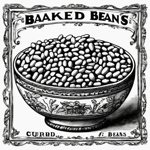 Prompt: A detailed, blank and white drawing of a bowl overflowing with the best baked beans, an open bean can will be in the picture, label on the beans says “curts ol’ beans” , there is an ornate design on the bowl