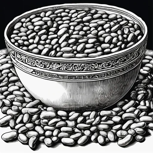 Prompt: A detailed, blank and white drawing of a bowl overflowing with the best baked beans, an open bean can will be in the picture, label on the beans says “curts ol’ beans” , there is an ornate design on the bowl, the view of the bowl if from the front, the beans will be piled up over the top spilling down the side, the open bean can will be to the right of the bowl,