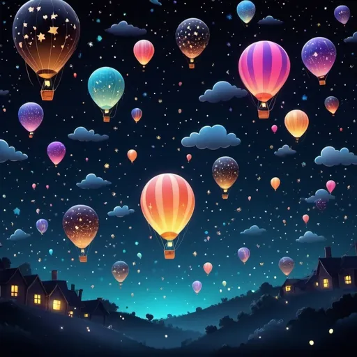 Prompt: Cartoon black night sky with stars with  few air balloons flying