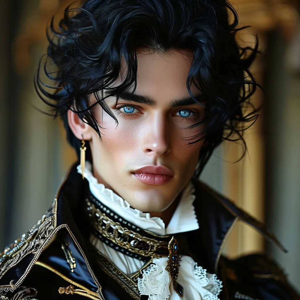 Prompt: The dark prince who has black styled hair, white pink, big long black eyes and long black eyebrows, well-shaped nose, angular jaw, and wearing a noble aristocratic shirt, he is very attractive.  And he has a fit body