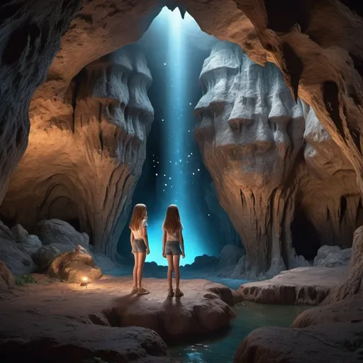 Prompt: cliff cave overlooking landscape into the cavety, stalagmites, dark black sky, bright stars, fluorescent light, caveroofe, steaming springs, two 12 yrs old girls, equal size, brown hair, blue eyes,  standing, detailed facial features, 3D rendering, scenic view, high quality, realistic, fantasy, natural lighting, vibrant color tones, detailed rock formations, flowing hair, serene atmosphere, detailed eyes, majestic, breathtaking, scenic beauty