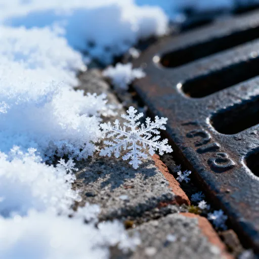 Prompt: Macro photography of the first snowfall in Brooklyn, New York — close-up of fresh snowflakes resting on a gritty city surface like a curb, sidewalk, or trash can lid. Shallow depth of field, natural daylight, soft diffused light, cinematic winter mood. Urban textures visible beneath the snow (concrete, metal, brick). No people, no text, no logos — just the visual story of snow arriving in Brooklyn.