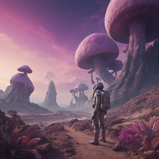Prompt: Space adventurer on alien planet, 3D rendering, smoking giant mushrooms, purple sky, cliff edge, highres, ultra-detailed, sci-fi, futuristic, alien landscape, intense atmosphere, space explorer, dramatic lighting, otherworldly, high-tech suit, alien flora, vast landscape